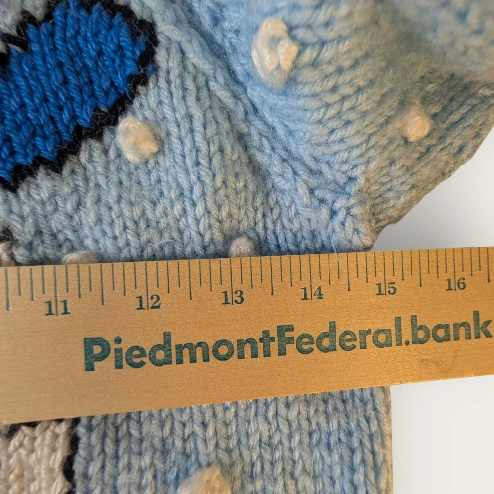Vintage Hand Knit Kids Polar Bear Sledding Sweater Blue Popcorn Knit Snow 14.5L